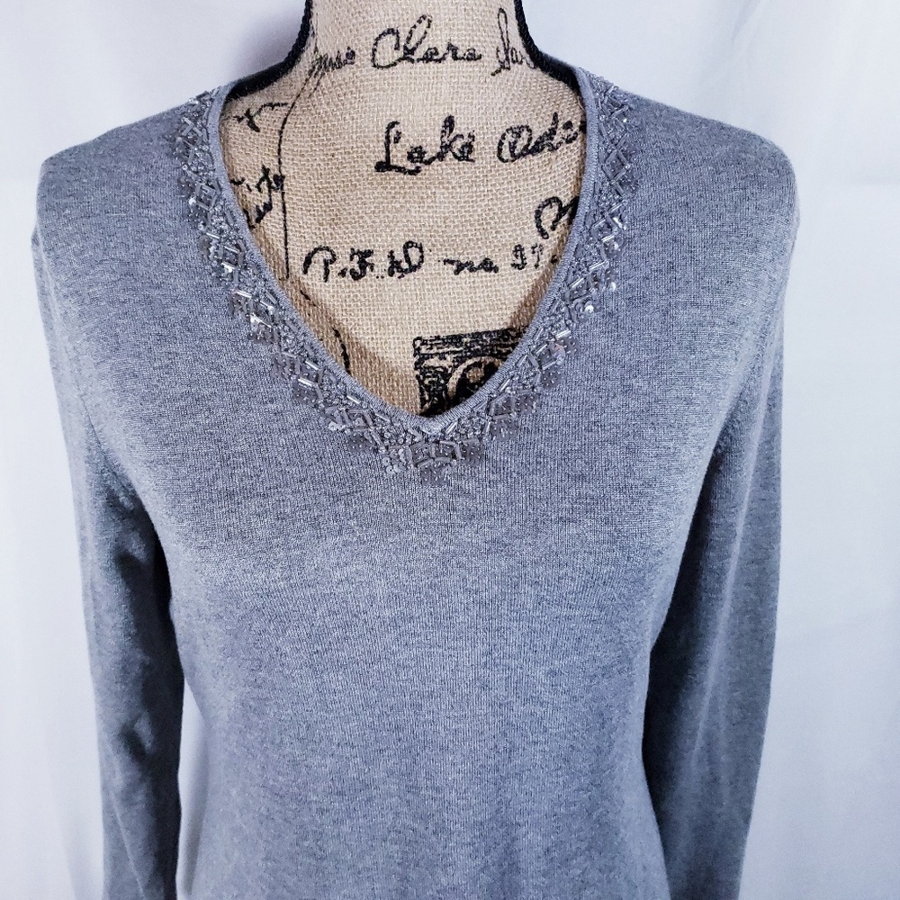 LIZ CLAIBORNE gray sweater dressy holiday top sz M